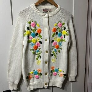 Kimlon Vintage Acrylic White Cardigan with Multicolor Floral Embroidery Sweater